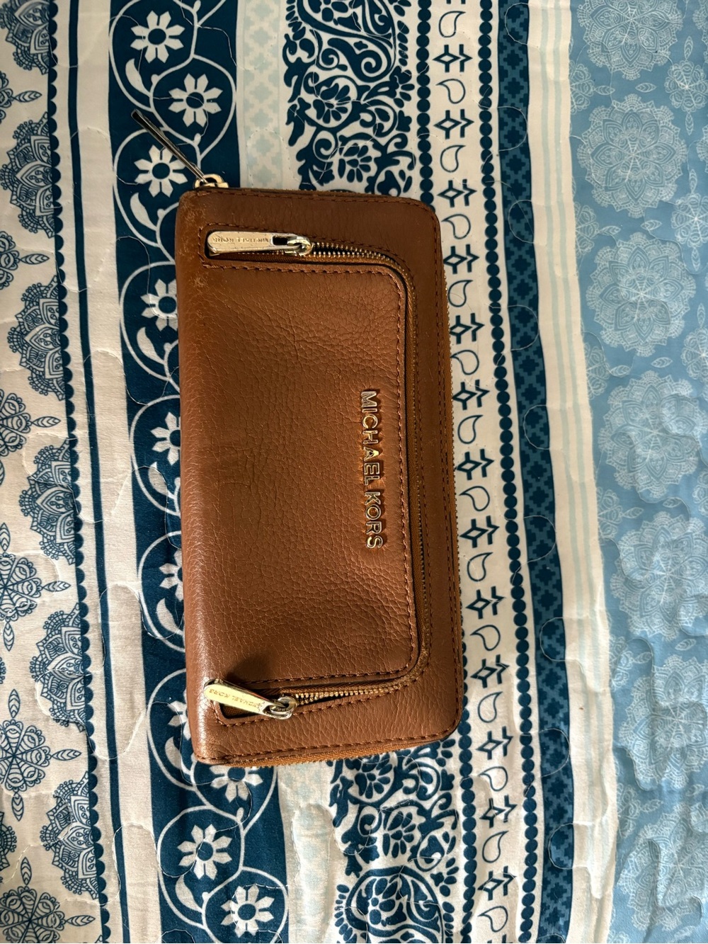 Michael Kors Tan Leather Zip Wallet with Gold Hardware